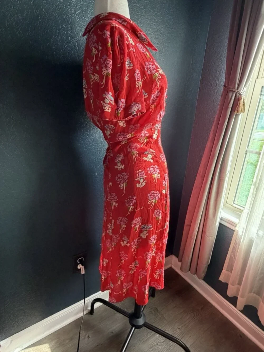 Anna Sui Berard Vintage Tomato Red Floral Dress Sz 6 Short Sleeve 40s inspired - Picture 6 of 12